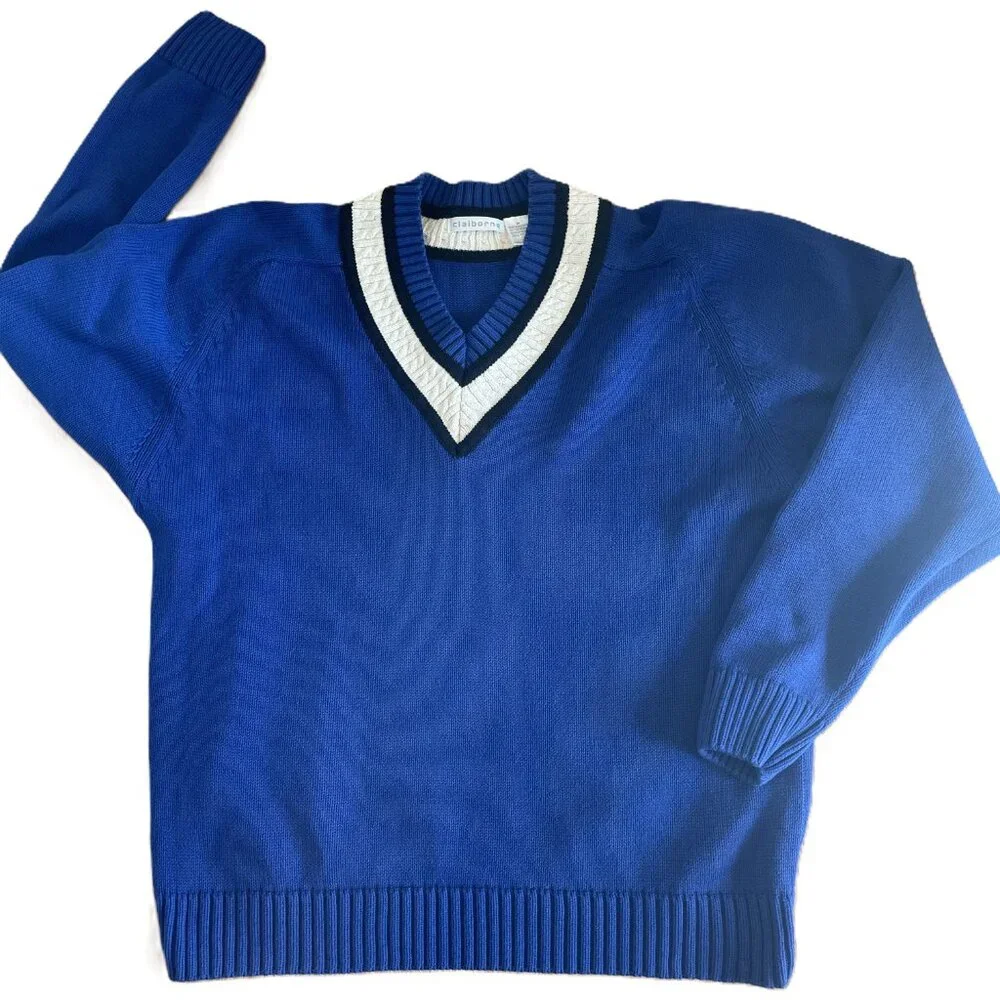 Claiborne 1990s Cricket Style Cotton Sweater Blue Cream Black Trim Size Mens Med - Picture 1 of 9